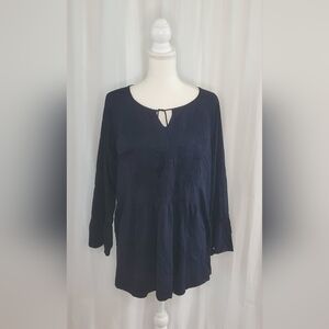 J. Jill Womens Embroidered Peasant Tie Top Long Sleeve Bell Cuff Black Size XL